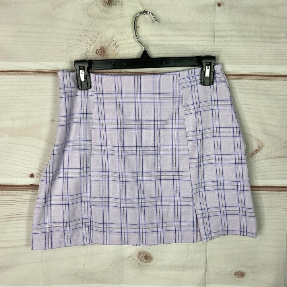 Romwe Skirt Womens M Purple Plaid A-Line Mini Double Front Slit Stretch Short